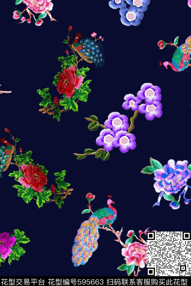 连衣裙旗袍中国风绣花花卉孔雀数码印花华亿平台下载（图片编号: 595663） - 瓦栏（Walan）
