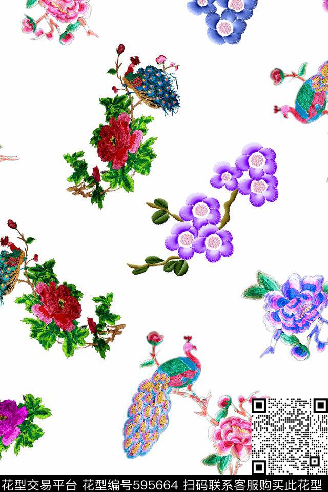 连衣裙旗袍中国风绣花花卉孔雀数码印花华亿平台下载（图片编号: 595664） - 瓦栏（Walan）