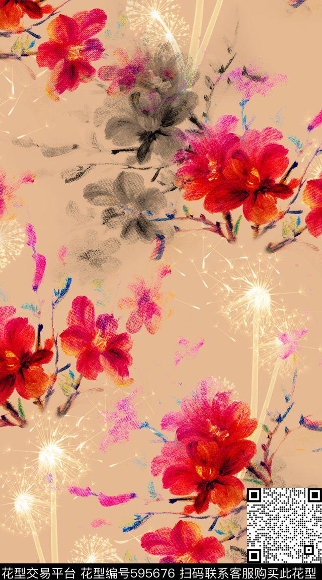 荧光大花复古数码印花华亿平台下载（图片编号: 595676） - 瓦栏（Walan）