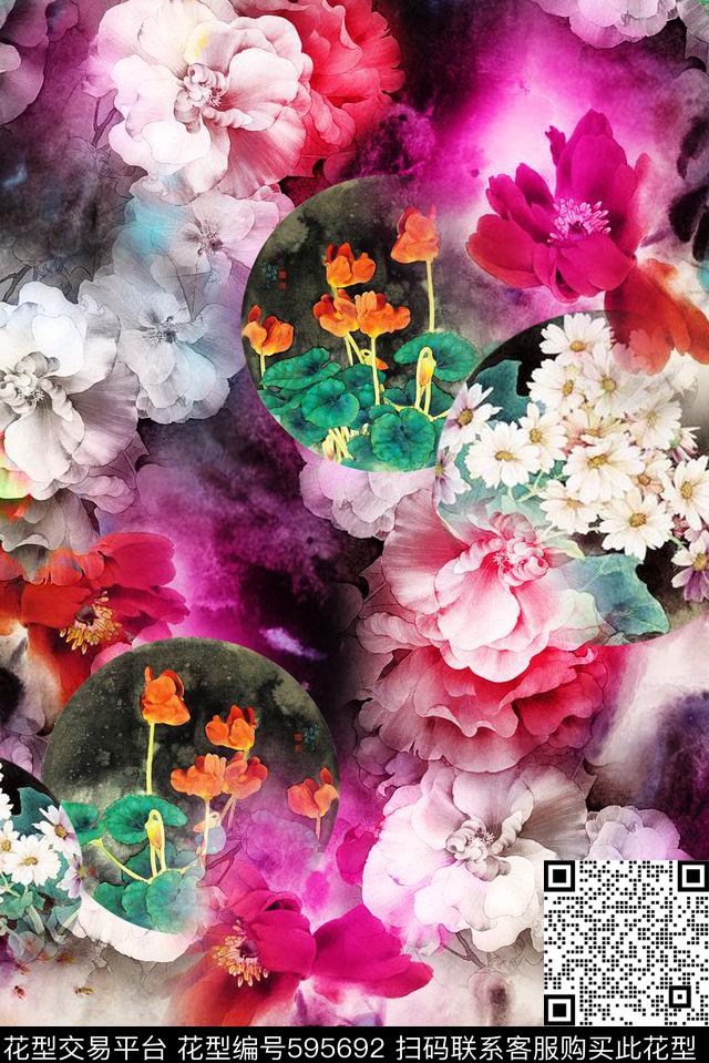 重彩花卉向日葵数码印花华亿平台下载（图片编号: 595692） - 瓦栏（Walan）