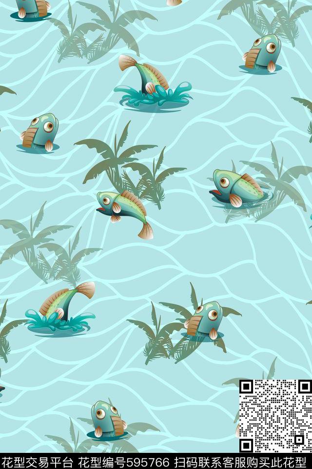 清新卡通鱼水草数码印花华亿平台下载（图片编号: 595766） - 瓦栏（Walan）