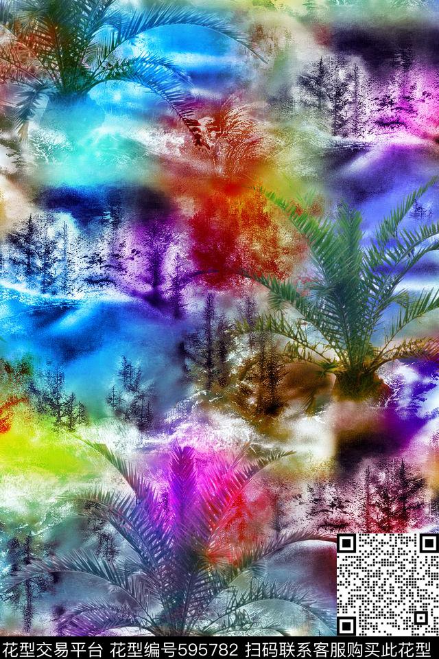 抽象炫彩棕榈叶数码印花华亿平台下载（图片编号: 595782） - 瓦栏（Walan）