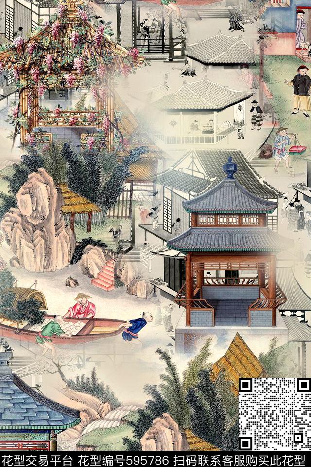 中国风建筑人物数码印花华亿平台下载（图片编号: 595786） - 瓦栏（Walan）