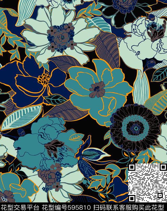 浪漫花卉花朵花卉传统印花华亿平台下载（图片编号: 595810） - 瓦栏（Walan）