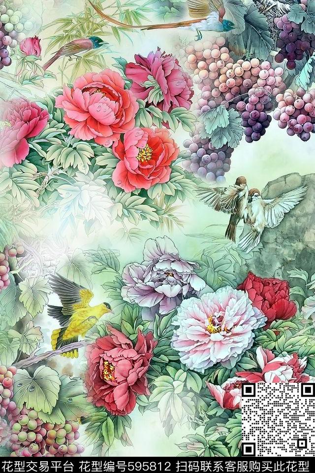 中国风国画牡丹数码印花华亿平台下载（图片编号: 595812） - 瓦栏（Walan）