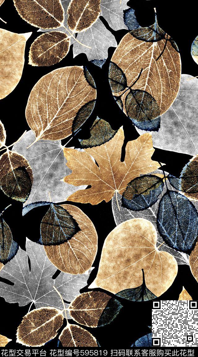 热带树叶大型树叶黑底数码印花华亿平台下载（图片编号: 595819） - 瓦栏（Walan）