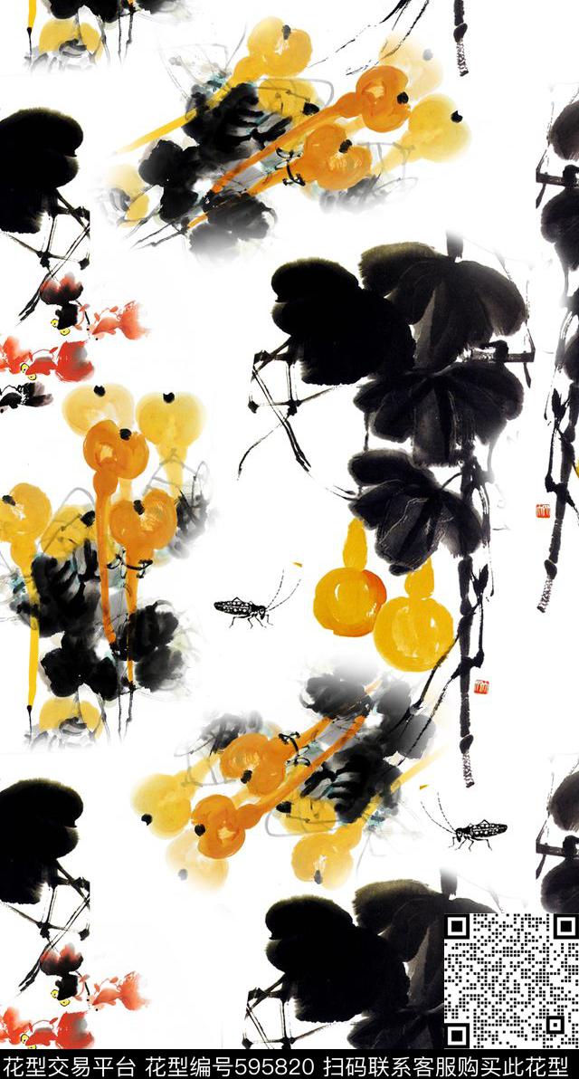 时尚创意写意国画福禄水墨中国风数码印花华亿平台下载（图片编号: 595820） - 瓦栏（Walan）