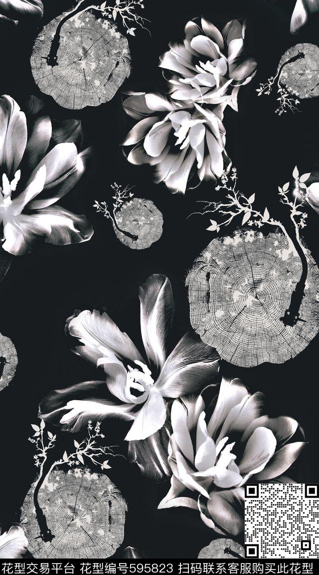 创意年轮黑白数码印花华亿平台下载（图片编号: 595823） - 瓦栏（Walan）