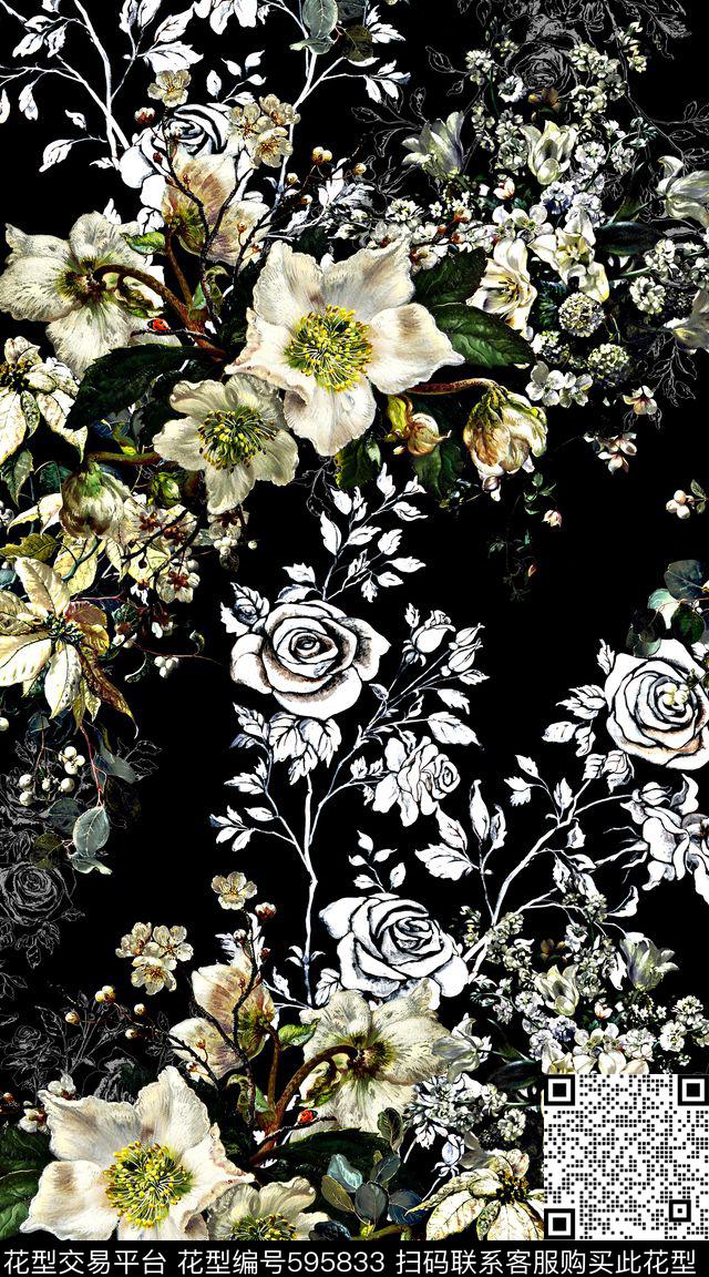 油画花卉黑白数码印花华亿平台下载（图片编号: 595833） - 瓦栏（Walan）