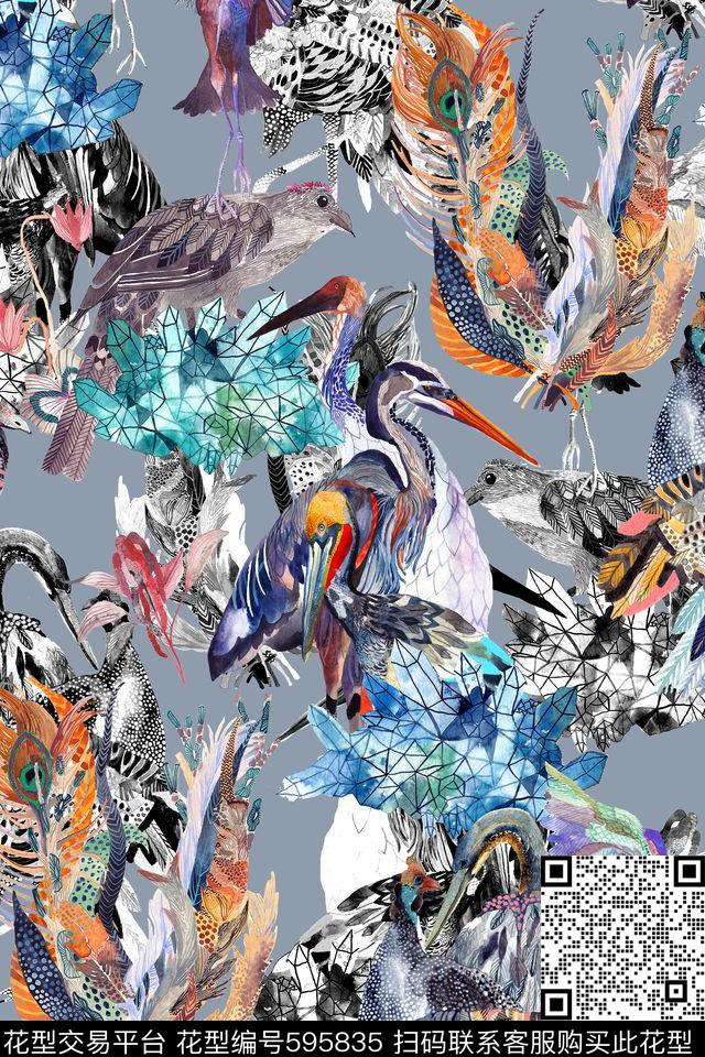 水彩插画鸟数码印花华亿平台下载（图片编号: 595835） - 瓦栏（Walan）