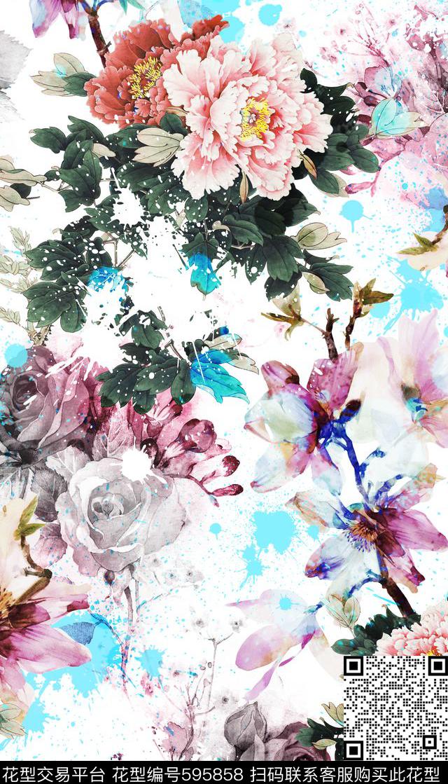 国画牡丹、水彩花卉、喷溅元素数码印花华亿平台下载（图片编号: 595858） - 瓦栏（Walan）