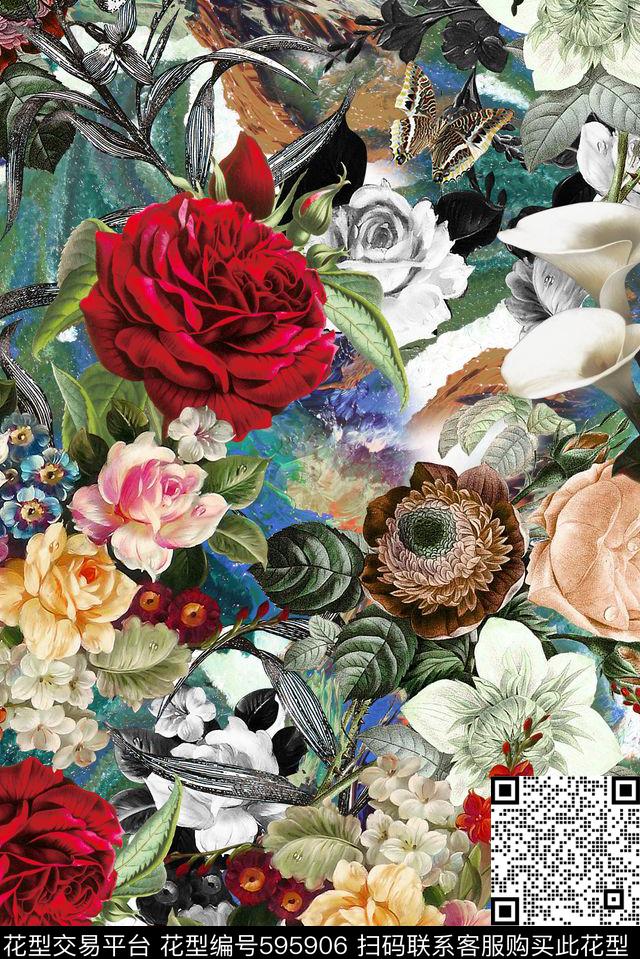 时尚复古花朵数码印花华亿平台下载（图片编号: 595906） - 瓦栏（Walan）