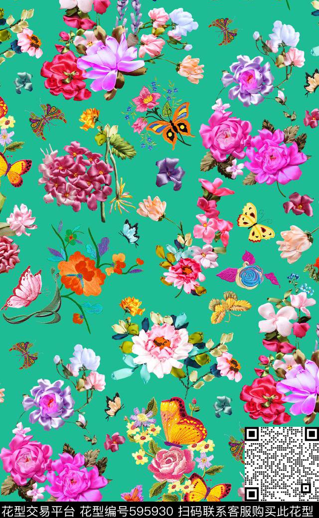 绣花丝带花蝴蝶花卉时尚丝带绣花刺绣花卉数码印花华亿平台下载（图片编号: 595930） - 瓦栏（Walan）