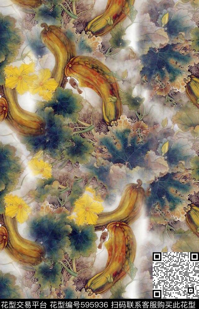 时尚创意国画工笔黄色花瓣含苞绽放数码印花华亿平台下载（图片编号: 595936） - 瓦栏（Walan）