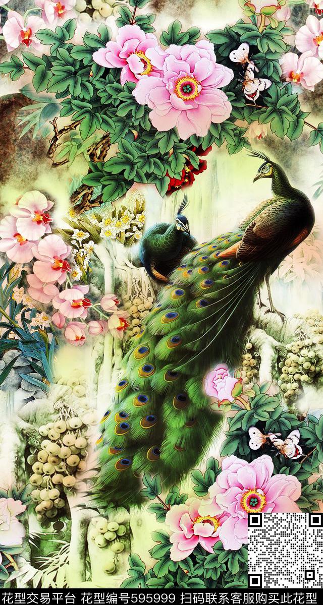中国风孔雀牡丹工数码印花华亿平台下载（图片编号: 595999） - 瓦栏（Walan）