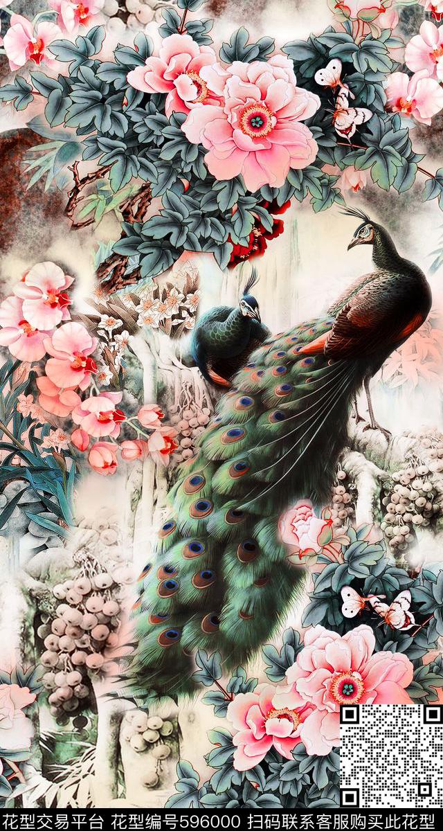 中国风孔雀牡丹工数码印花华亿平台下载（图片编号: 596000） - 瓦栏（Walan）