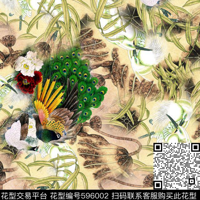 中国风植物复古数码印花华亿平台下载（图片编号: 596002） - 瓦栏（Walan）