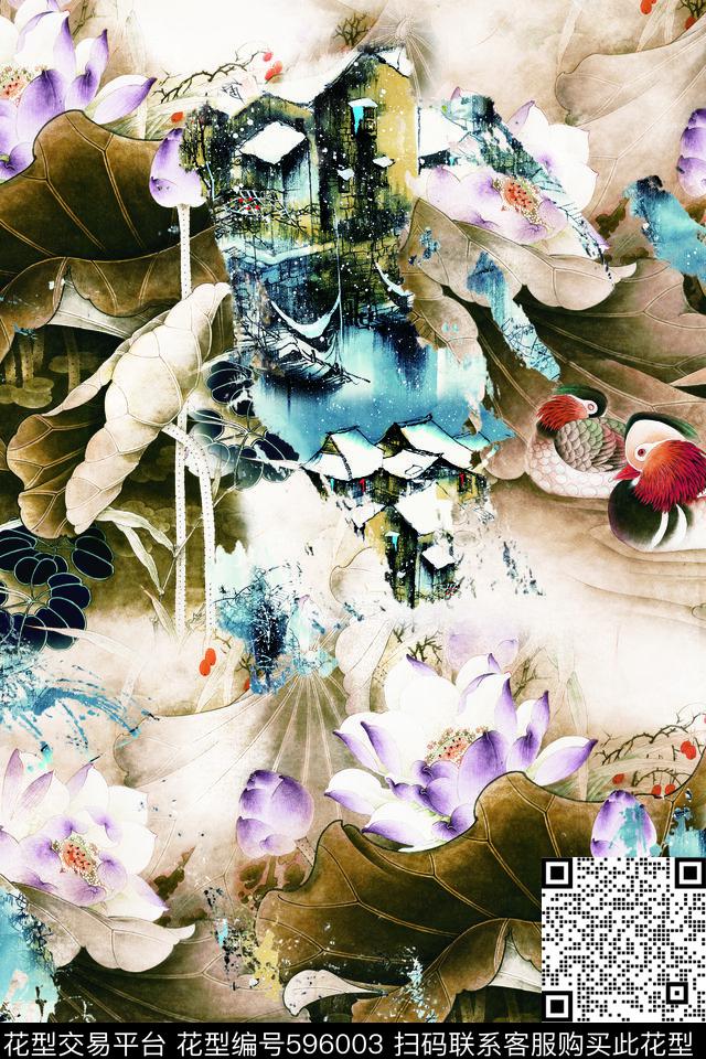 中国风荷花风景数码印花华亿平台下载（图片编号: 596003） - 瓦栏（Walan）