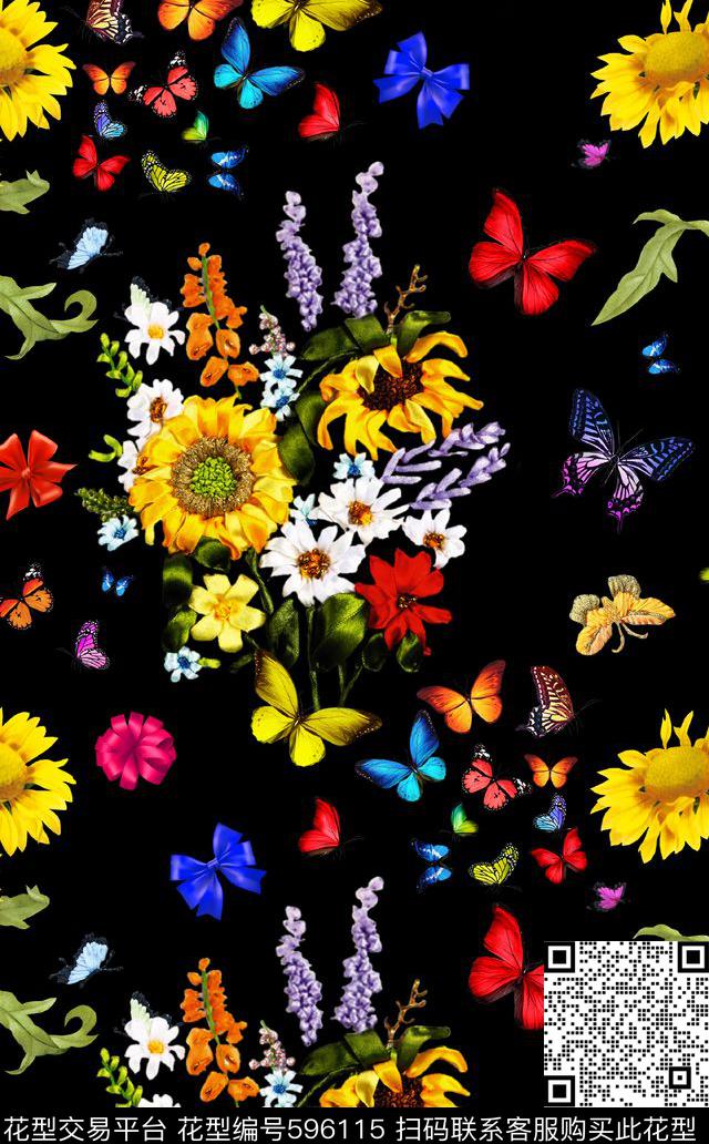 花鸟向日葵绣花丝带花数码印花华亿平台下载（图片编号: 596115） - 瓦栏（Walan）