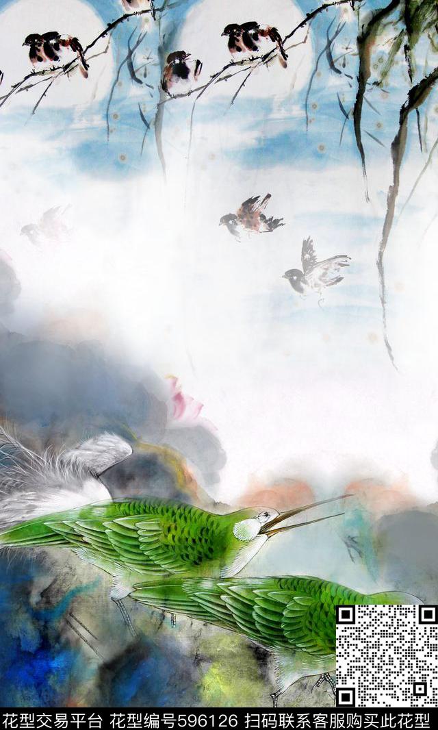 水墨鸟国画数码印花华亿平台下载（图片编号: 596126） - 瓦栏（Walan）