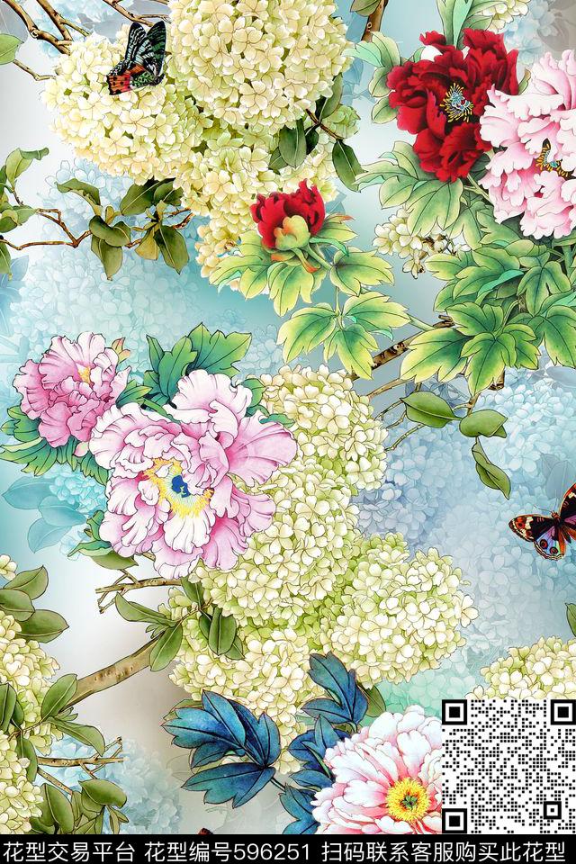 中国风国画牡丹数码印花华亿平台下载（图片编号: 596251） - 瓦栏（Walan）