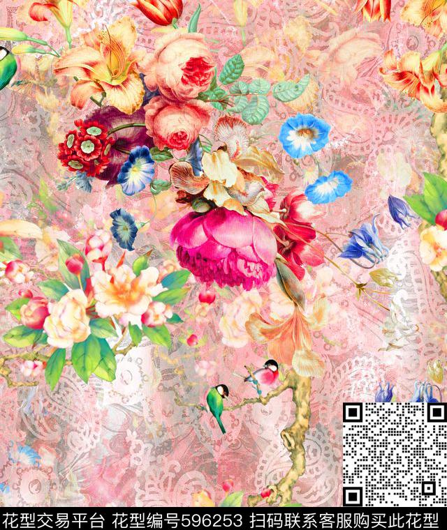 中国风民族风卷草纹数码印花华亿平台下载（图片编号: 596253） - 瓦栏（Walan）