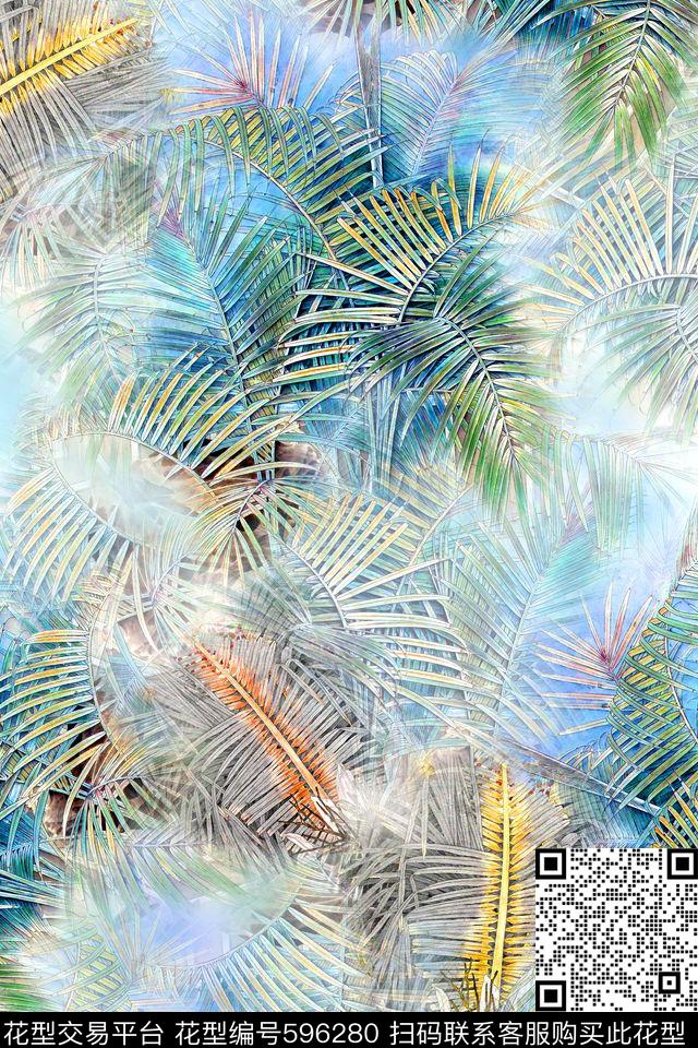抽象棕榈树热带数码印花华亿平台下载（图片编号: 596280） - 瓦栏（Walan）