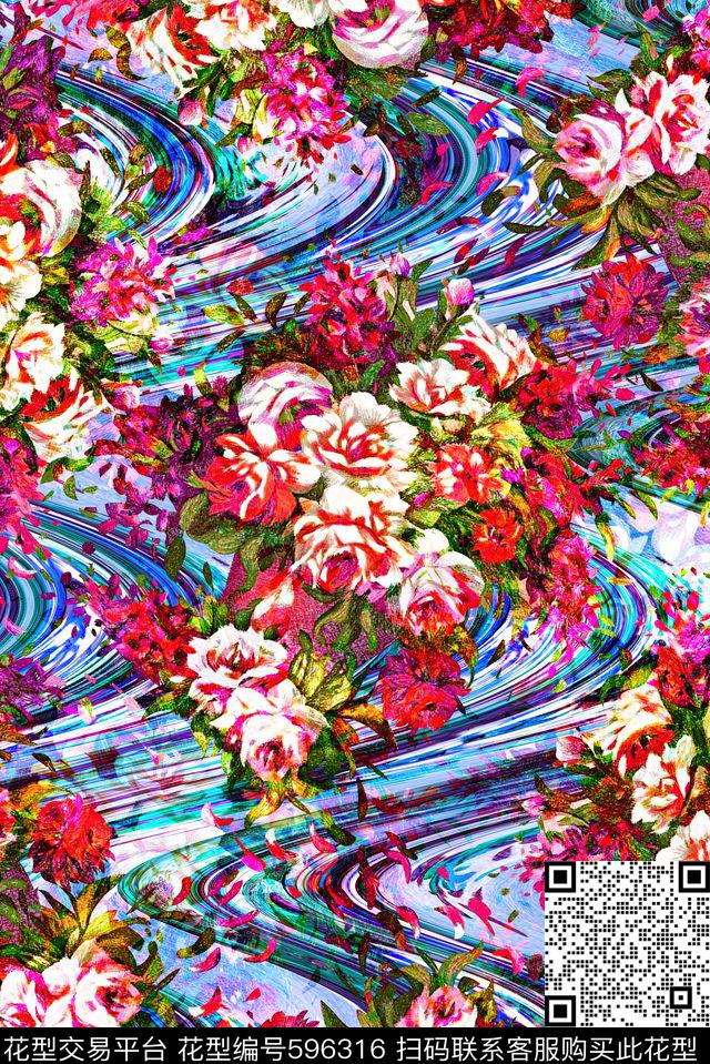绣花玫瑰花抽象波浪纹数码印花华亿平台下载（图片编号: 596316） - 瓦栏（Walan）
