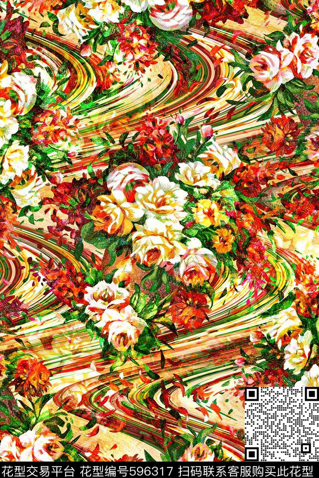 绣花玫瑰花抽象波浪纹数码印花华亿平台下载（图片编号: 596317） - 瓦栏（Walan）