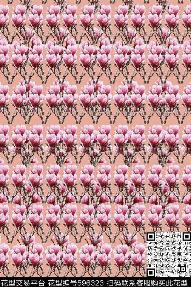 条纹混搭玉兰花语花卉奔放数码印花华亿平台下载（图片编号: 596323） - 瓦栏（Walan）