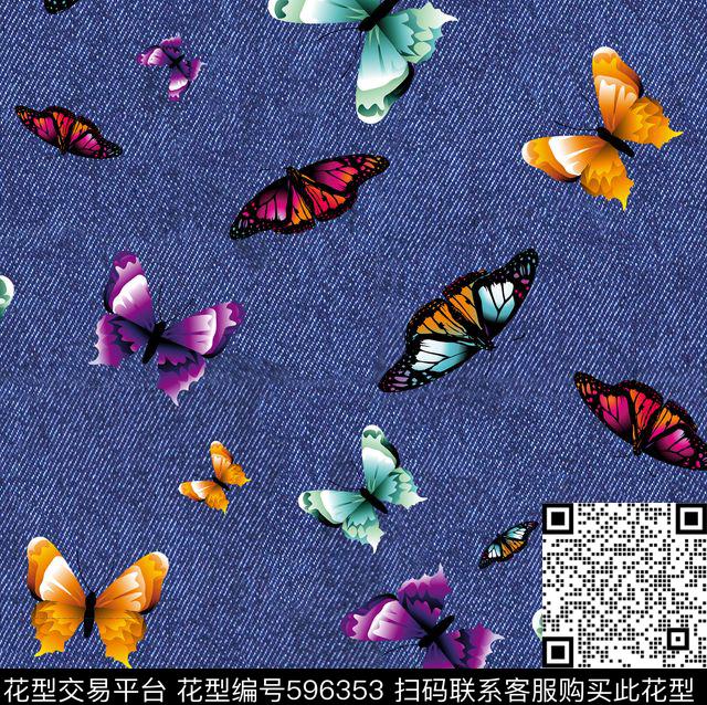 牛仔蝴蝶时尚数码印花华亿平台下载（图片编号: 596353） - 瓦栏（Walan）