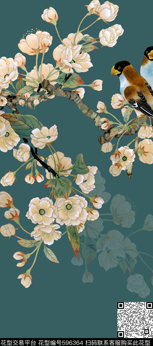 中国风花鸟画杏花数码印花华亿平台下载（图片编号: 596364） - 瓦栏（Walan）
