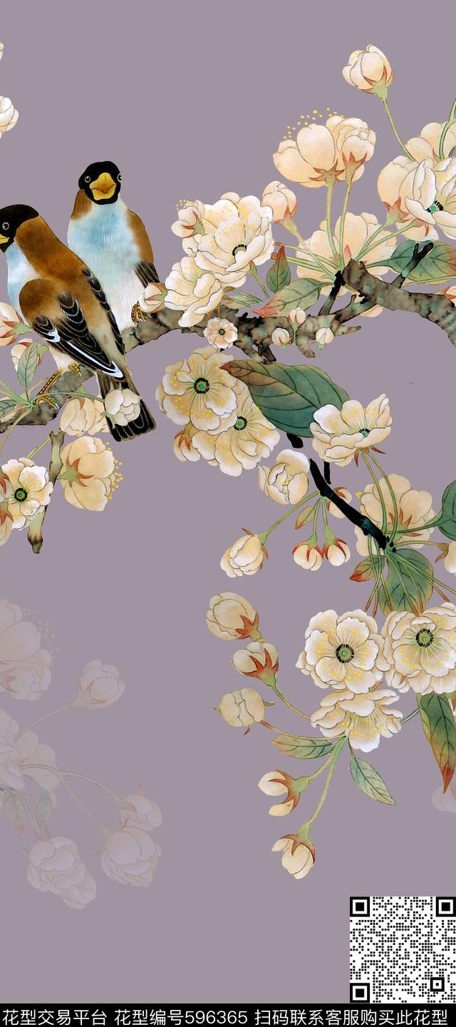 中国风花鸟画杏花数码印花华亿平台下载（图片编号: 596365） - 瓦栏（Walan）
