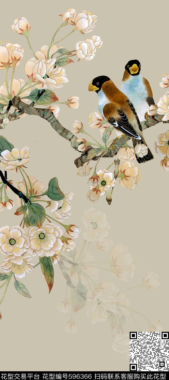 中国风花鸟画杏花数码印花华亿平台下载（图片编号: 596366） - 瓦栏（Walan）