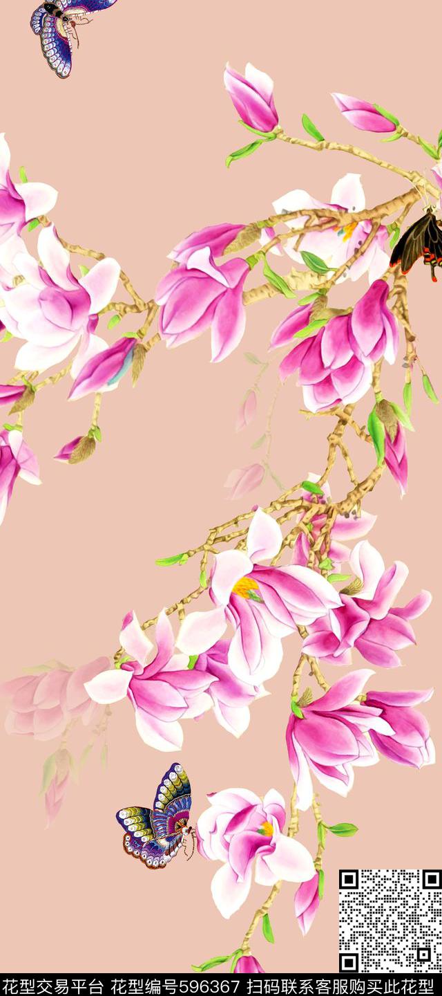中国风花鸟画玉兰数码印花华亿平台下载（图片编号: 596367） - 瓦栏（Walan）