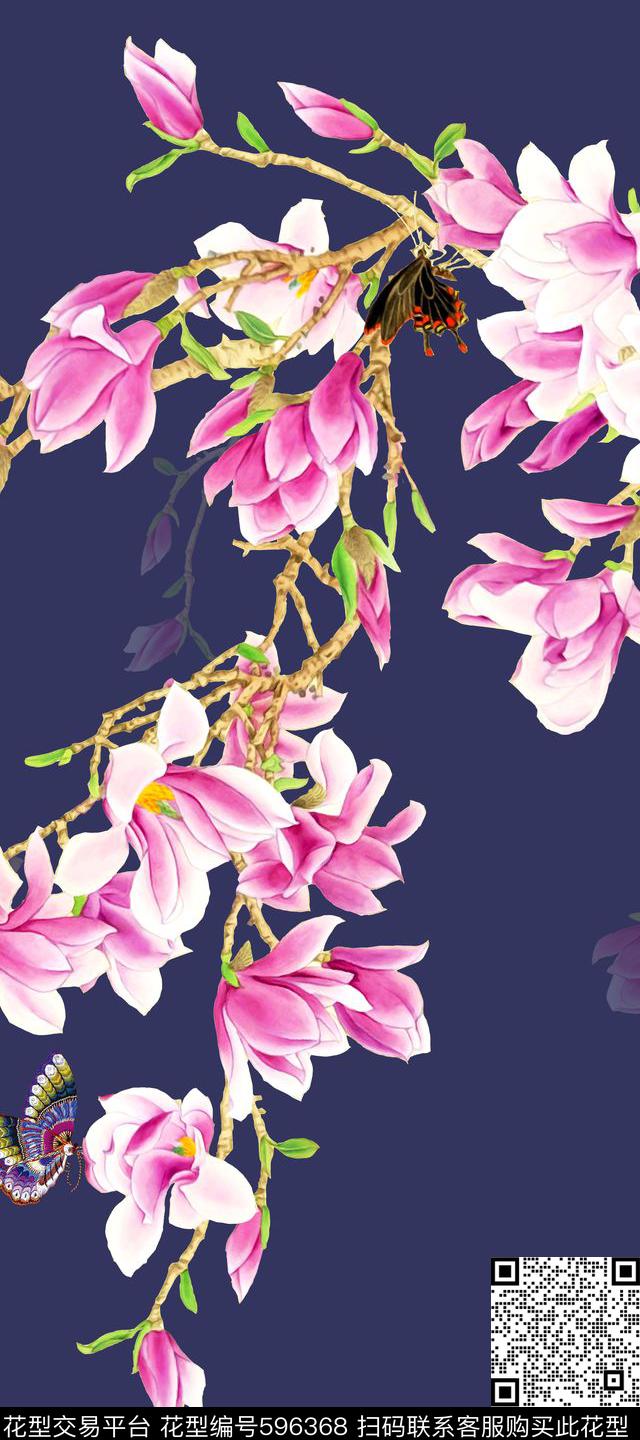 中国风花鸟画玉兰数码印花华亿平台下载（图片编号: 596368） - 瓦栏（Walan）