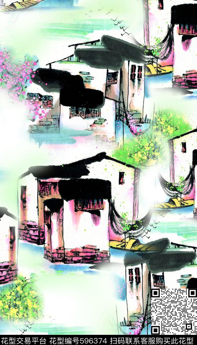 手绘、水墨、建筑、中国风数码印花华亿平台下载（图片编号: 596374） - 瓦栏（Walan）