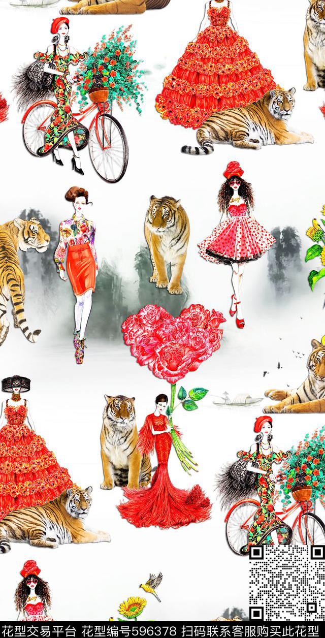 花鸟时尚手绘时装插画人物老虎数码印花华亿平台下载（图片编号: 596378） - 瓦栏（Walan）