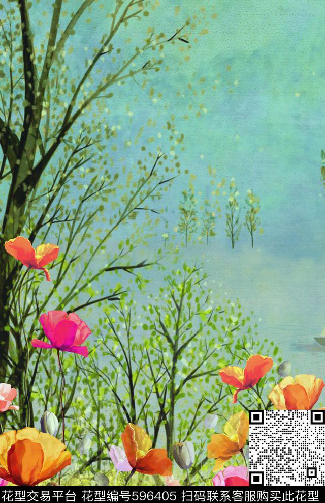 树林风景花卉旗袍裙装华亿平台数码印花华亿平台下载（图片编号: 596405） - 瓦栏（Walan）