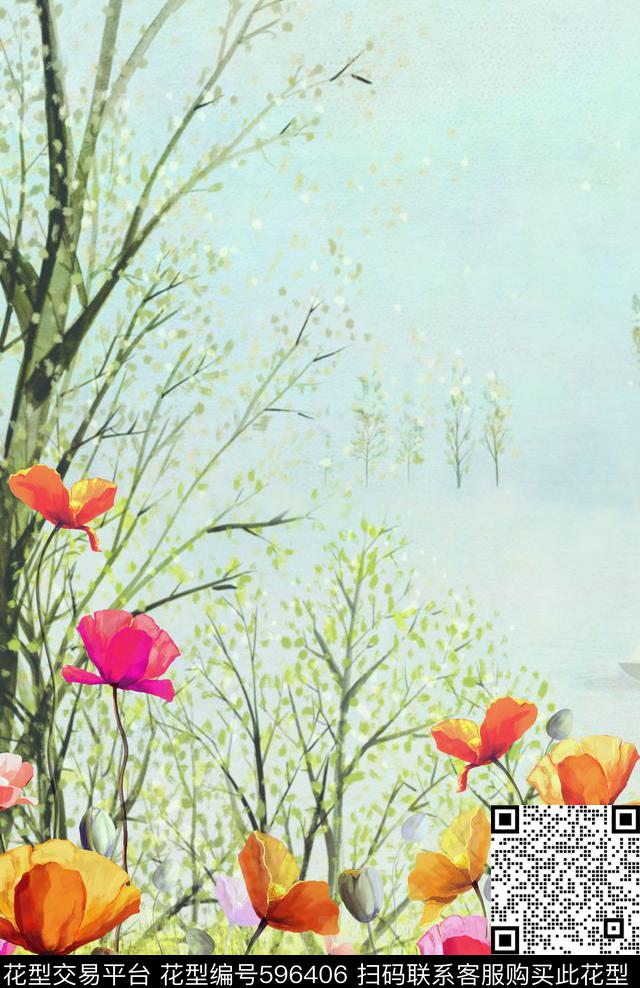树林风景花卉旗袍裙装华亿平台数码印花华亿平台下载（图片编号: 596406） - 瓦栏（Walan）
