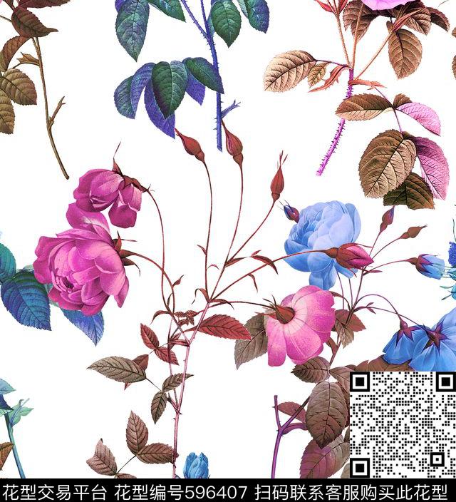 清雅玫瑰手绘花卉数码印花华亿平台下载（图片编号: 596407） - 瓦栏（Walan）
