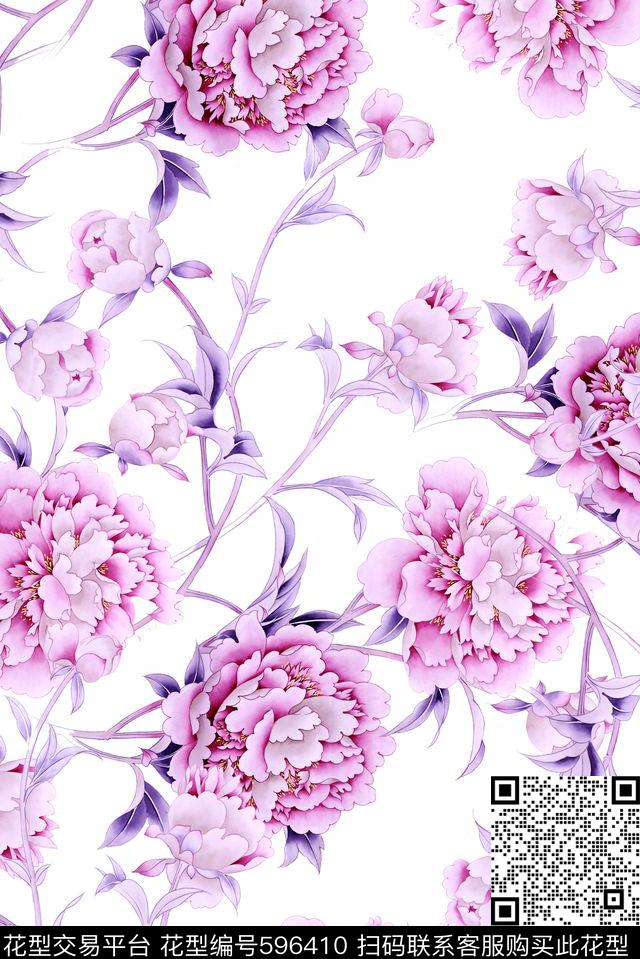 玫瑰牡丹花朵数码印花华亿平台下载（图片编号: 596410） - 瓦栏（Walan）