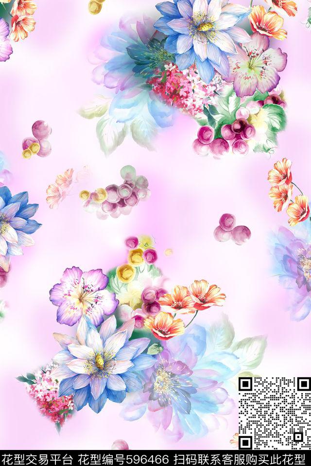 手绘云纹花卉数码印花华亿平台下载（图片编号: 596466） - 瓦栏（Walan）
