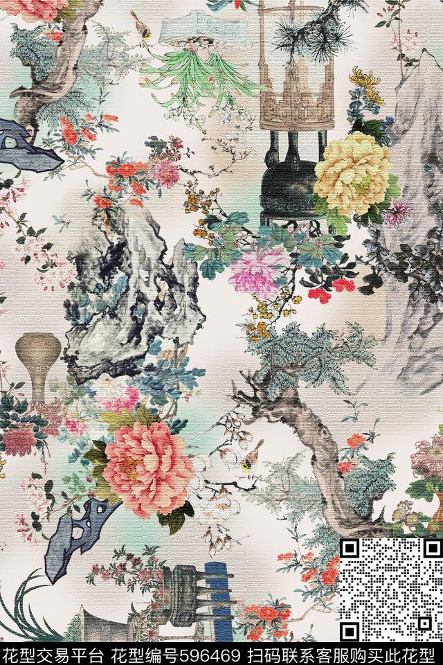 手绘工笔画国画数码印花华亿平台下载（图片编号: 596469） - 瓦栏（Walan）