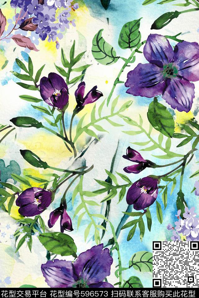 水彩花卉手绘数码印花华亿平台下载（图片编号: 596573） - 瓦栏（Walan）