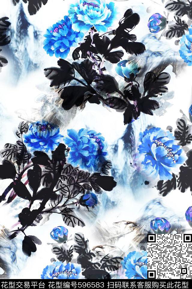 花卉青花水墨水彩数码印花华亿平台下载（图片编号: 596583） - 瓦栏（Walan）