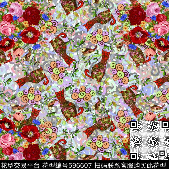 动物纹花卉猫数码印花华亿平台下载（图片编号: 596607） - 瓦栏（Walan）