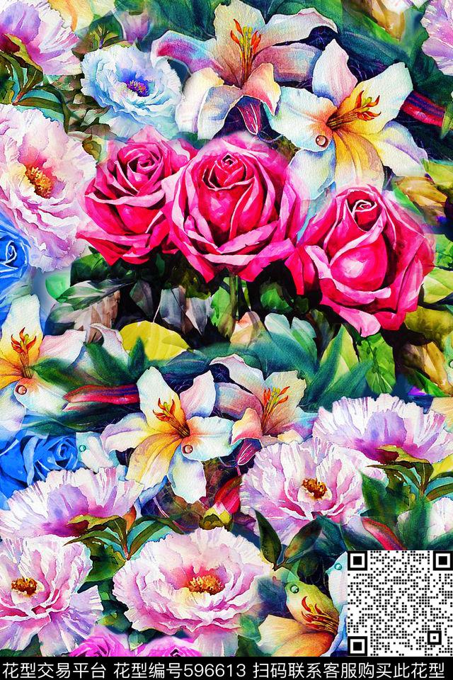 牡丹百合玫瑰数码印花华亿平台下载（图片编号: 596613） - 瓦栏（Walan）