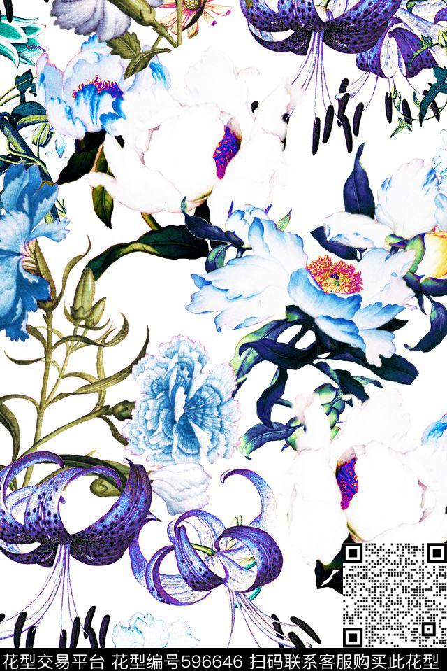 时尚清新花朵数码印花华亿平台下载（图片编号: 596646） - 瓦栏（Walan）