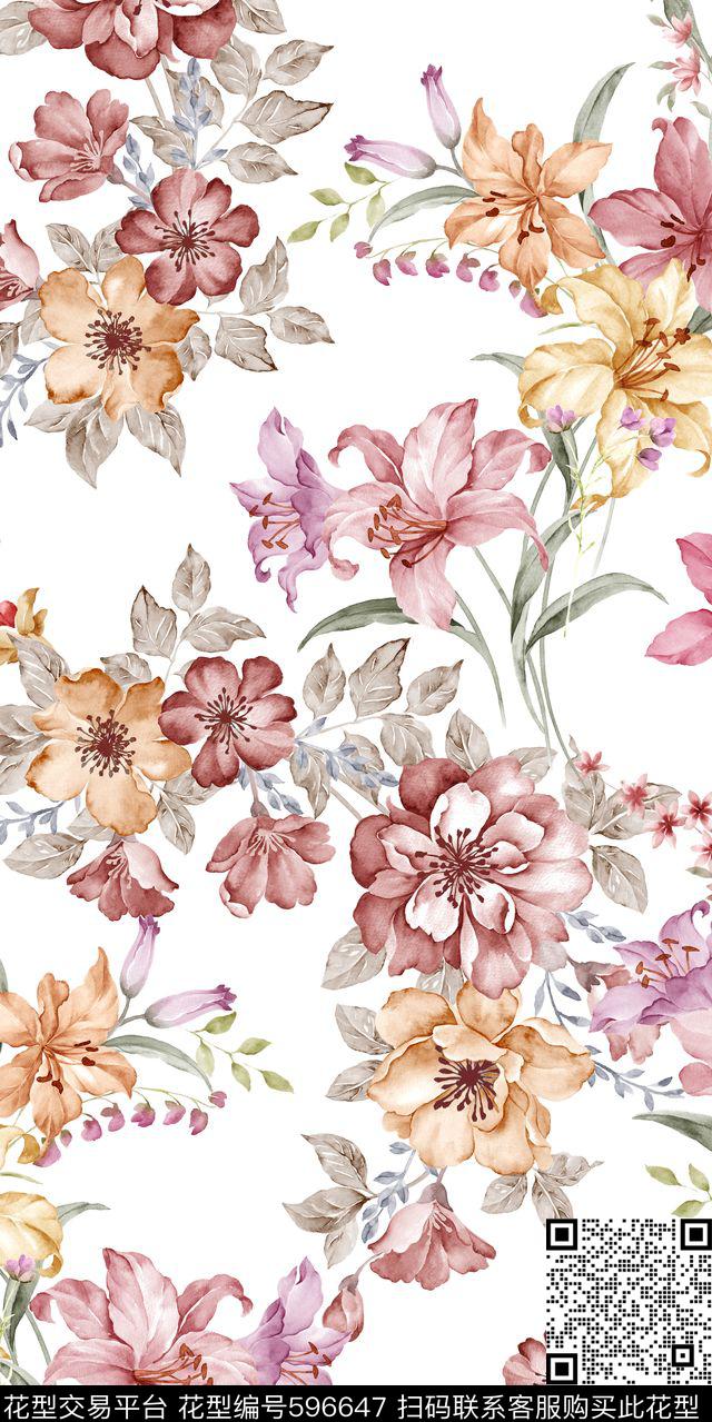 玉兰花郁金香花朵数码印花华亿平台下载（图片编号: 596647） - 瓦栏（Walan）